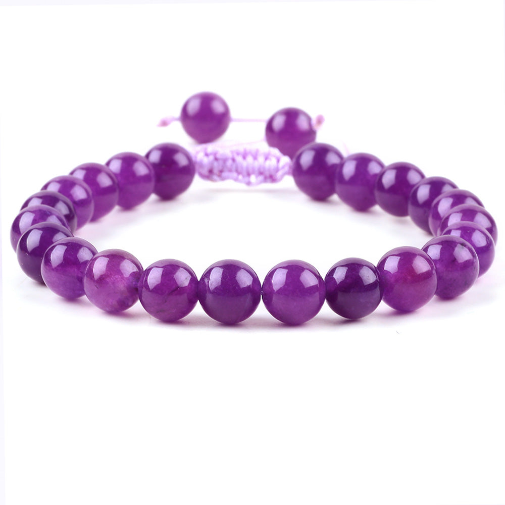 8MM Purple Round Beads Natural Handmade Crystal Adjustable Braided Macrame Tassels Bracelet FJHPRAB001