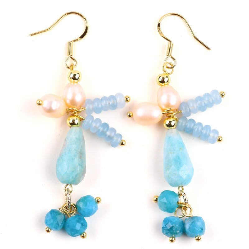 Tianhe Stone Aquamarine with Apatite Bead Natural Handmade Crystal Earrings FJHTAAE001