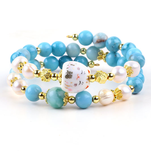 8MM Larimar Bead Natural Handmade Crystal Bangle FJHDLB001