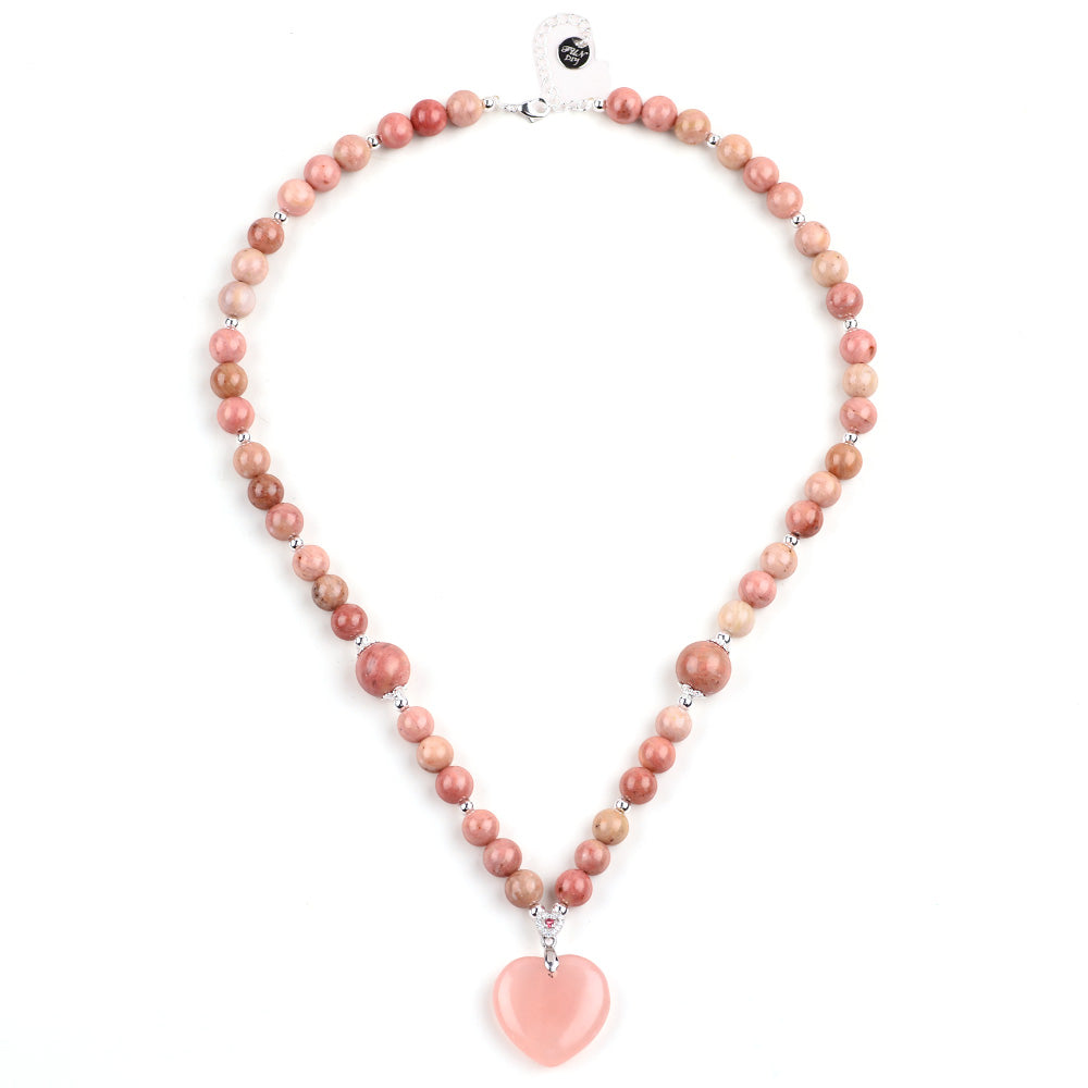 Rhodonite Bead with Rose Quartz Heart Natural Handmade Crystal Necklace FJHRN001