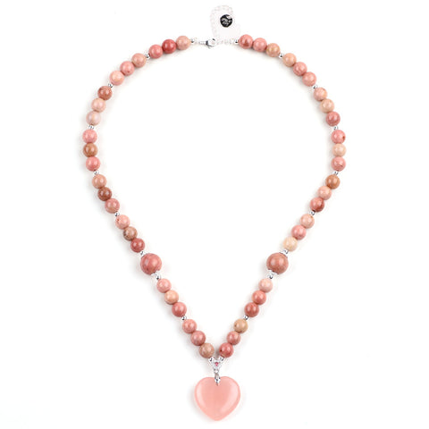 Rhodonite Bead with Rose Quartz Heart Natural Handmade Crystal Necklace FJHRN001