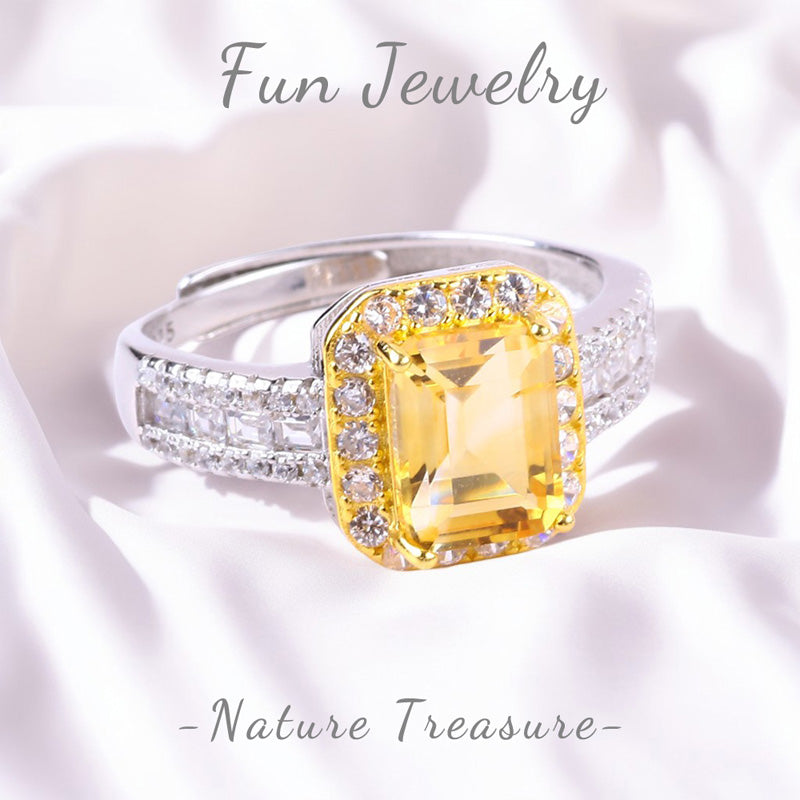 S925 Silver Natural Adjustable Citrine Square Gemstone Ring FJCR002