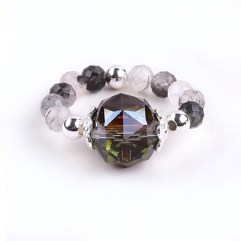 4MM Black Rutilated Quartz Beads Natural Handmade Crystal Adjustable Ring FJHBRR001