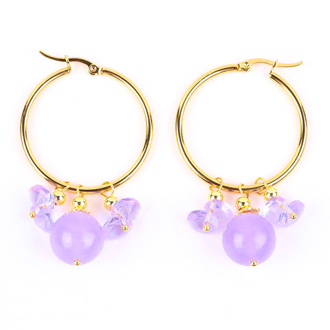 16g/pc Purple Chalcedony Bead Hoops NaturalHandmade Crystal Earrings FJHHPE001