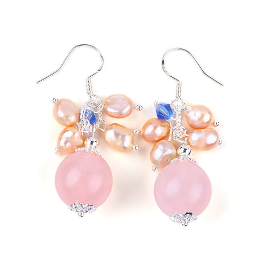 13g/pc Rose Quartz with Pearl Bead Natural Handmade Crystal Earrings FJHPRE001