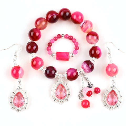 Hot Pink Bead Natural Handmade Crystal Set including Earring and Bracelet FJHHPS001