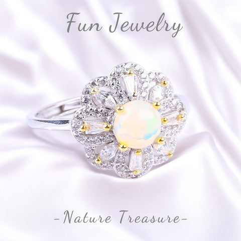 S925 Silver Natural Adjustable Opal Flower Gemstone Ring FJOR005