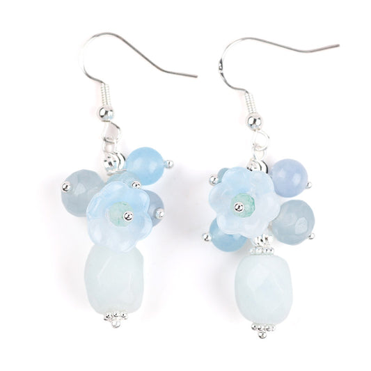 10g/pc Aquamarine Bead With Flower Natural Handmade Crystal Earrings FJHMAE001