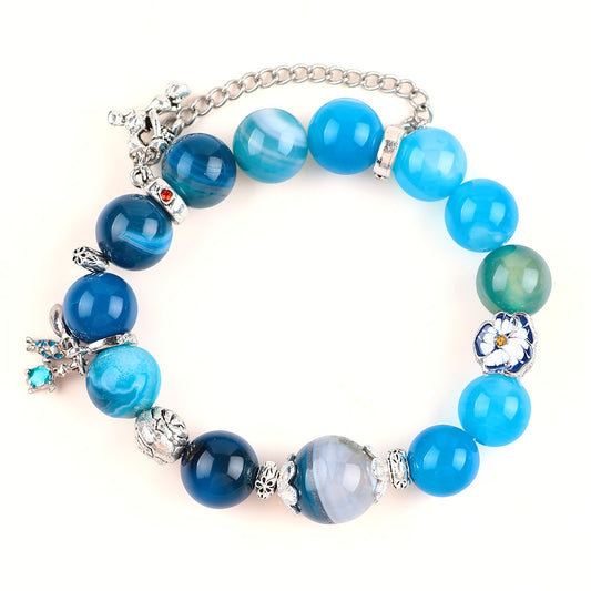 12MM Blue Striped Agate Bead with Mickey Mouse Natural Handmade Crystal Bracelet FJHBSAB001