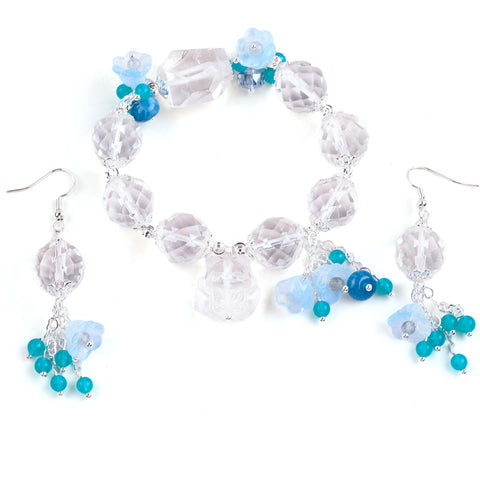 Clear Quartz Bead with Blue Flower Fox Charm Natural Handmade Crystal Set including Earring and Bracelet FJHCBS001