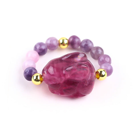 4MM Purple Mica Beads with Rabbit Carving Natural Handmade Crystal Adjustable Ring FJHPMR001