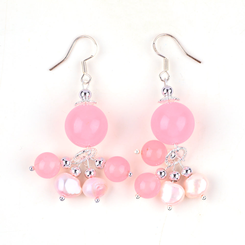 15.5g/pc Rose Quartz with Pearl Bead Natural Handmade Crystal Earrings FJHPRE002