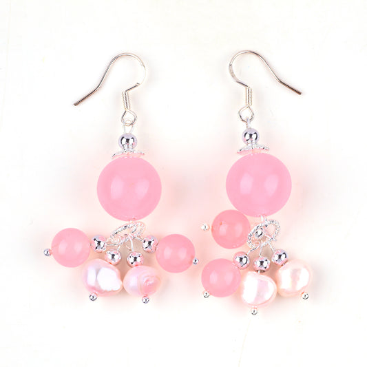 15.5g/pc Rose Quartz with Pearl Bead Natural Handmade Crystal Earrings FJHPRE002