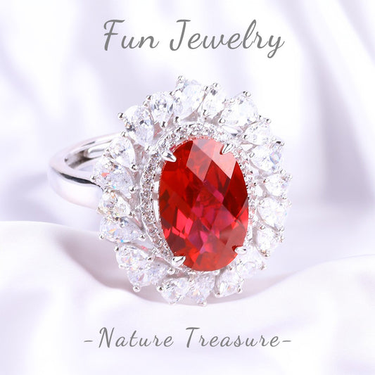 S925 Silver Lab Grown Gemstone Ruby Oval Flower Ring FJLRR001