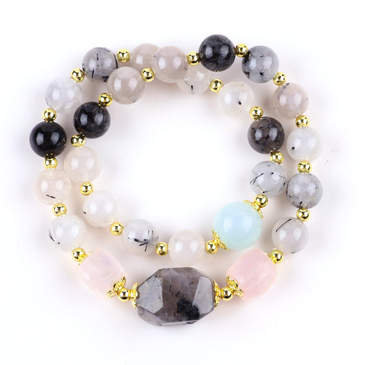 10MM+12MM Black Rutilate Quartz  Multi-Layer Bead Natural Handmade Crystal Bracelet FJHMBQB001