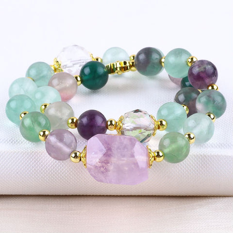 10MM+14MM Fluorite Stone Multi-Layer Bead Natural Handmade Crystal Bracelet FJHMF001