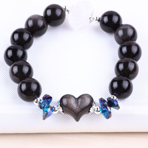 14MM Black Obsidian with Heart Bead Natural Handmade Crystal Bracelet FJHBBOO1