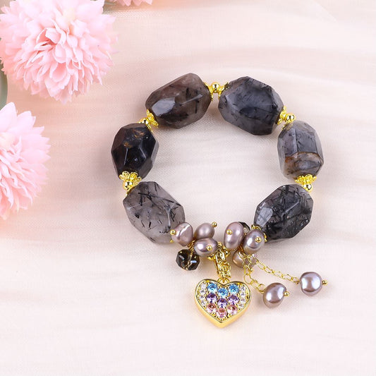 14MM Black Rutilate Quartz Raw Bead Natural Handmade Crystal Bracelet FJHBRQB001