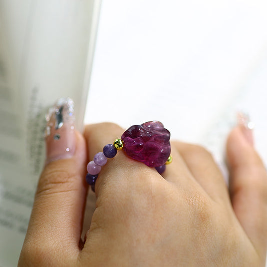 4MM Purple Mica Beads with Rabbit Carving Natural Handmade Crystal Adjustable Ring FJHPMR001