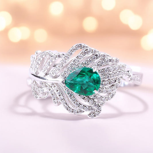 S925 Silver Lab Grown Gemstone Emerald Leaf Ring  FJLER002