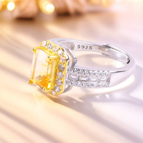 S925 Silver Natural Adjustable Citrine Square Gemstone Ring FJCR002