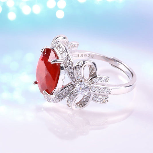 S925 Silver Natural  Adjustable Ruby Butterfly Lace Gemstone Ring FJRR004