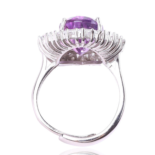 S925 Silver Natural Adjustable Amethyst Water Drop Gemstone Ring FJAR001