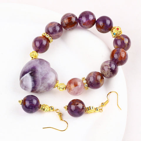 Amethyst Phantom Bead Natural Handmade Crystal Set including Earring and Heart Bracelet FJHAPS001