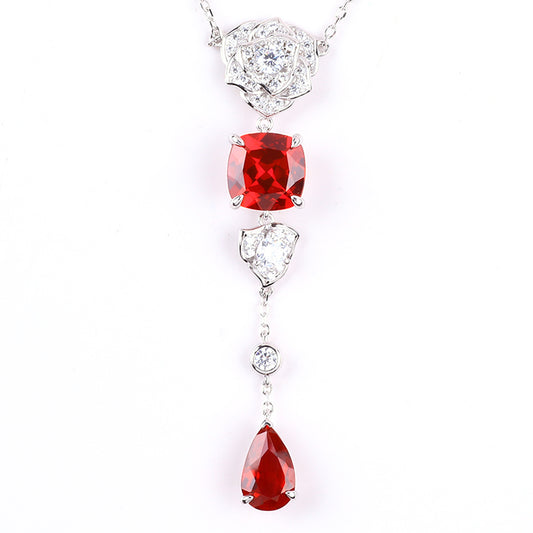 S925 Silver Lab Grown Gemstone Ruby Dangle Flower Square with Teardrop Necklace FJLRFN002