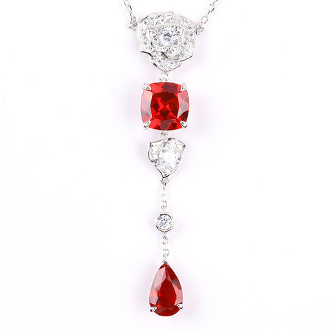 S925 Silver Lab Grown Gemstone Ruby Dangle Flower Square with Teardrop Necklace FJLRFN002