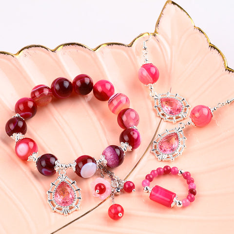 Hot Pink Bead Natural Handmade Crystal Set including Earring and Bracelet FJHHPS001