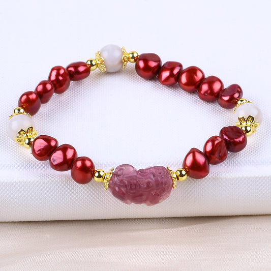 8MM Red Pearl Natural Handmade Pearl Bracelet FJHPRBB001