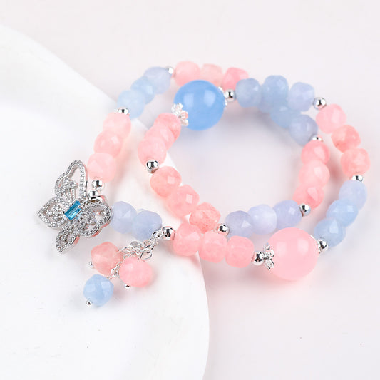 8MM+14MM Multi-Layer Pink Chalcedony With Aquamarine Bead Natural Handmade Crystal Bracelet FJHMPCAB001