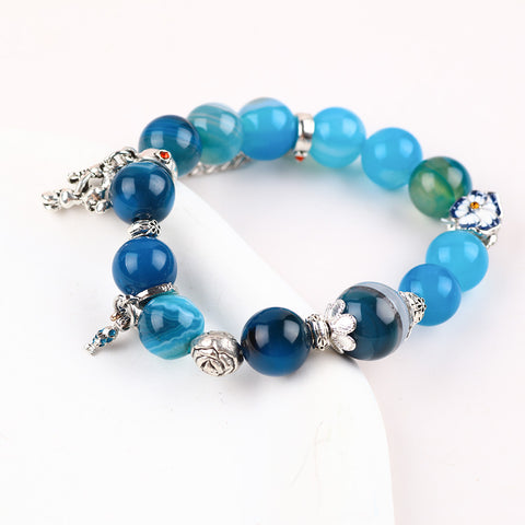 12MM Blue Striped Agate Bead with Mickey Mouse Natural Handmade Crystal Bracelet FJHBSAB001