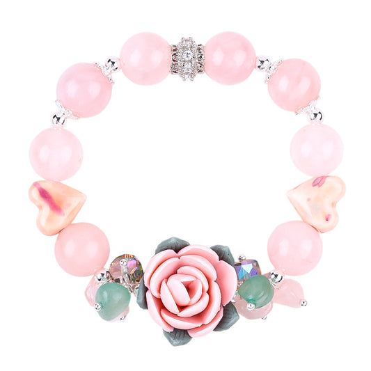 Rose Quartz Flower with Heart Bracelet for Mother’s Day with Gift Box FJQMDG001