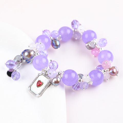 14MM Purple Chalcedony Bead with Pearl and a Red Heart in Rectangle Natural Handmade Crystal Bracelet FJHPCBB001