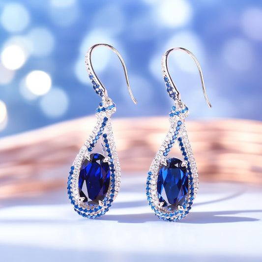 S925 Silver Lab Grown Gemstone Sapphire Oval Earrings FJLSE001