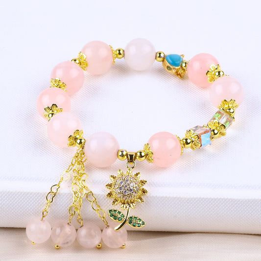 12MM Rose Quartz with Sunflower Bead Natural Handmade Crystal Bracelet FJHRFB001