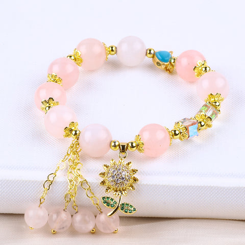 12MM Rose Quartz with Sunflower Bead Natural Handmade Crystal Bracelet FJHRFB001