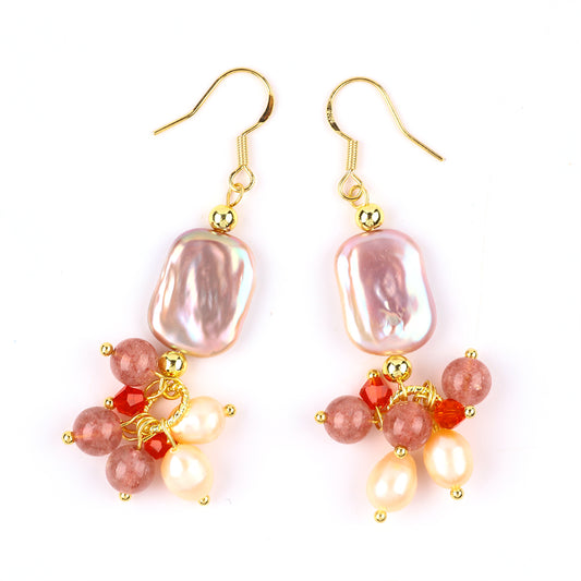 9.5g/pc Pearl with Strawberry Quartz Bead Natural Handmade Pearl Earrings FJHPSE001