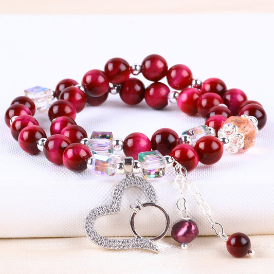 8MM Multi-Layer Rose Red Tiger Eye Bead Natural Handmade Crystal Bracelet FJHMRTB001