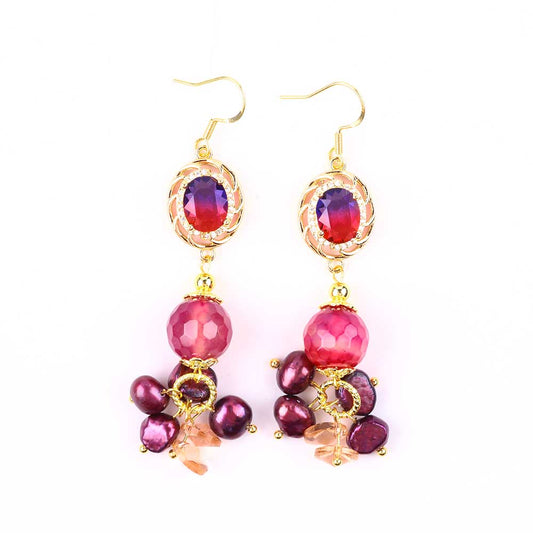 16g/pc Rose Red Agate with Pearl Bead Natural Handmade Crystal Earrings FJHPRRE001