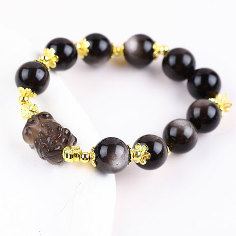 12MM Silver Obsidian Bead with PiXiu Natural Handmade Crystal Bracelet FJHSOB001