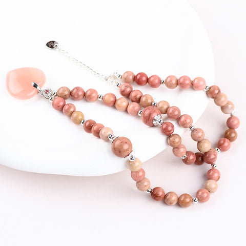 Rhodonite Bead with Rose Quartz Heart Natural Handmade Crystal Necklace FJHRN001