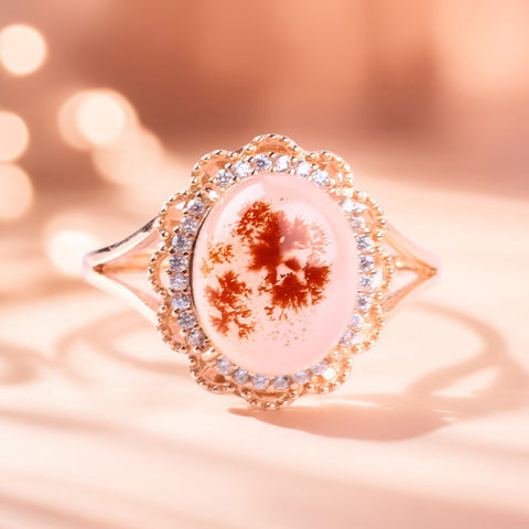 S925 Silver Natural Adjustable Cherry Blossom Agate  Oval Gemstone Ring FJBR002