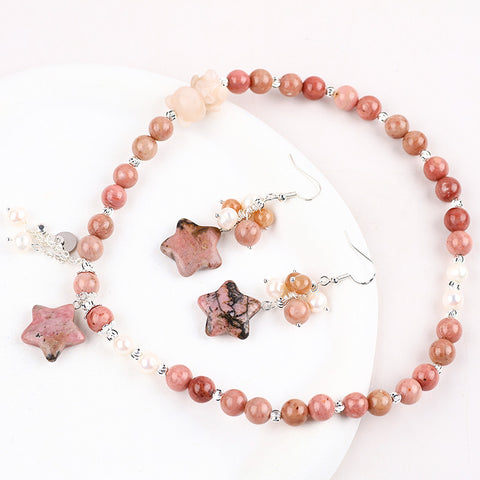 Rhodonite Bead with Pearl Natural Handmade Crystal Set including Star Earring and Bear Double Bracelet FJHRPS001