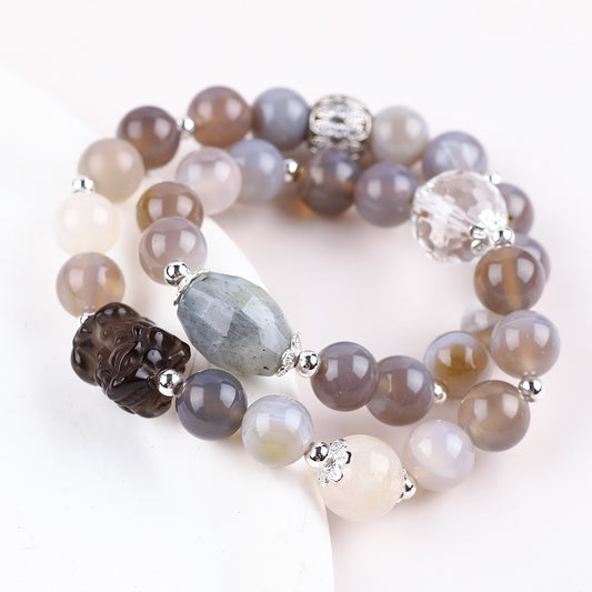 10MM+12MM+14MM Multi-Layer Gray Agate Bead With PiXiu Natural Handmade Crystal Bracelet FJHMGAB001