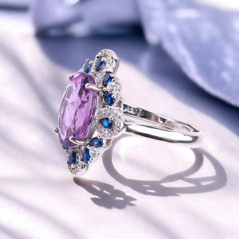 S925 Silver Natural  Adjustable Amethyst with Blue Oval Gemstone Ring FJAR002