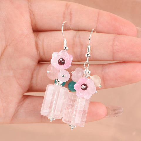 16g/pc Rose Quartz Bead With Flower Natural Handmade Crystal Earrings FJHMRQE001