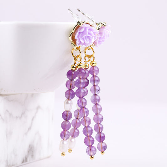 14g/pc Amethyst Bead With Flower Natural Handmade Crystal Earrings FJHNAFE001